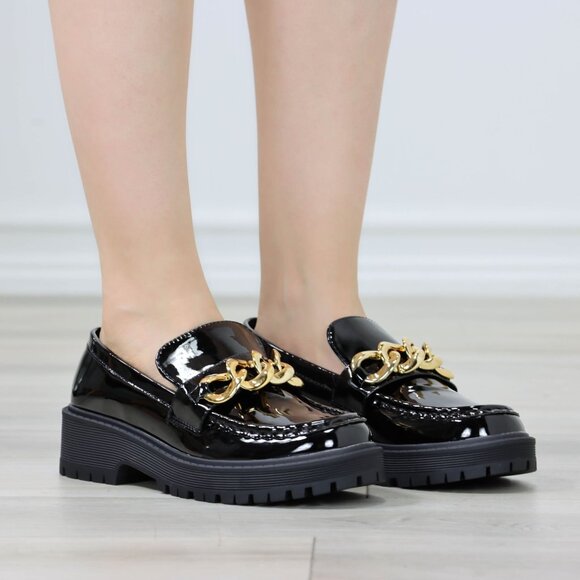 Womens Chunky Penny Loafer Lug Sole Slip On Platform Black Patent Gold Chain - Picture 9 of 15